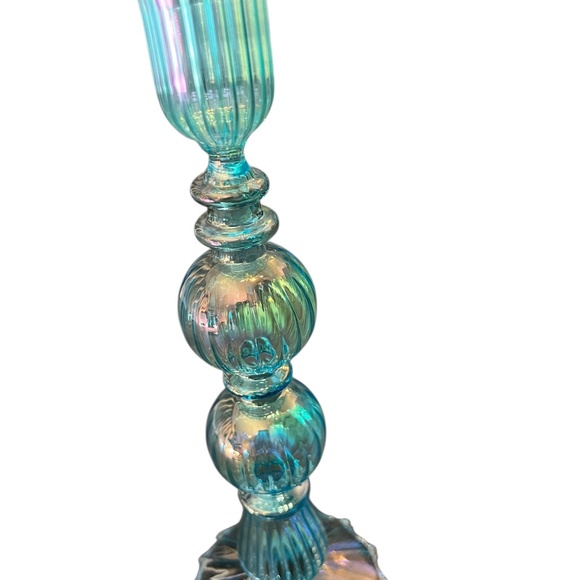 LARGE EGYPTIAN REVIVAL CANDLESTICK LIGHT BLUE SHINY / LiIGHT GLASS - Picture 11 of 11